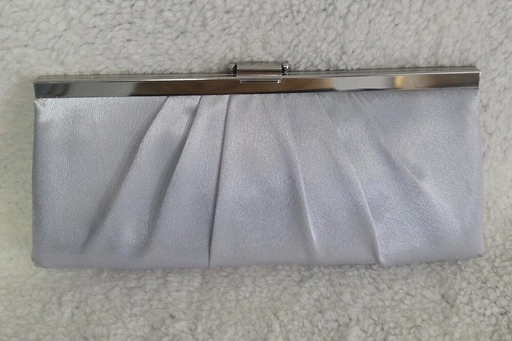 Jessica McClintock Blaire Silver Satin Pleated Clutch Evening Bag with Chain